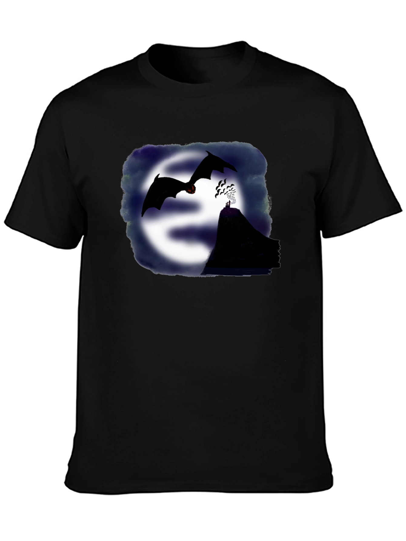 Camiseta Negra con Diseño de Murciélagos y Montaña