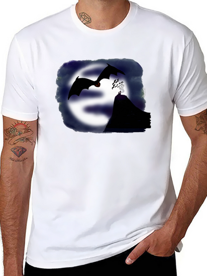 Camiseta Negra con Diseño de Murciélagos y Montaña