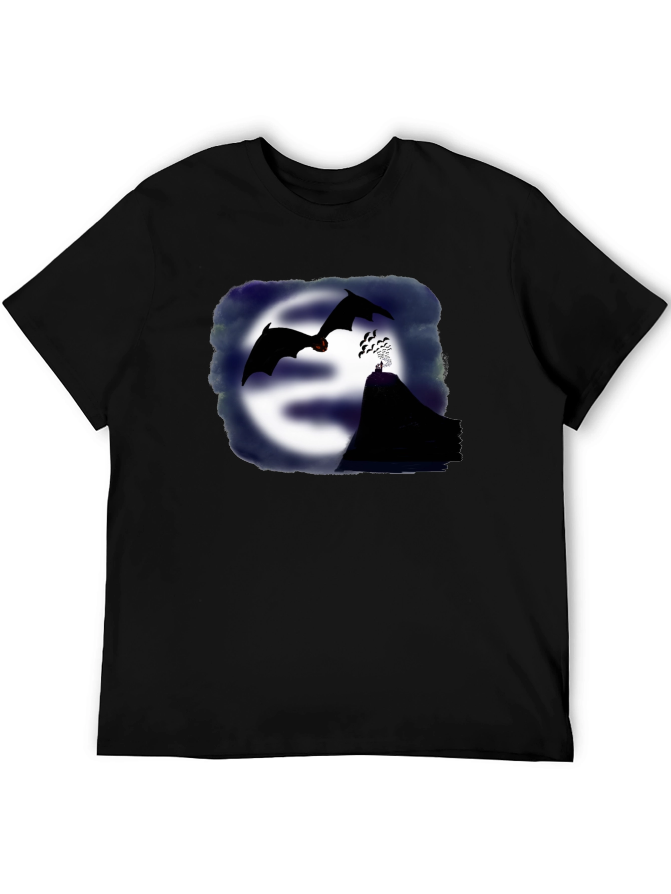 Camiseta Negra con Diseño de Murciélagos y Montaña
