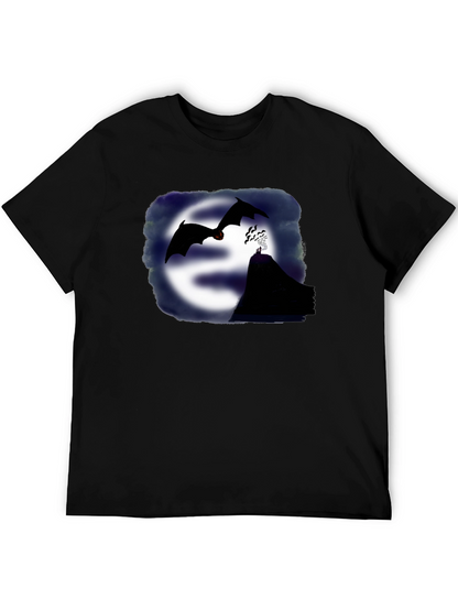 Camiseta Negra con Diseño de Murciélagos y Montaña