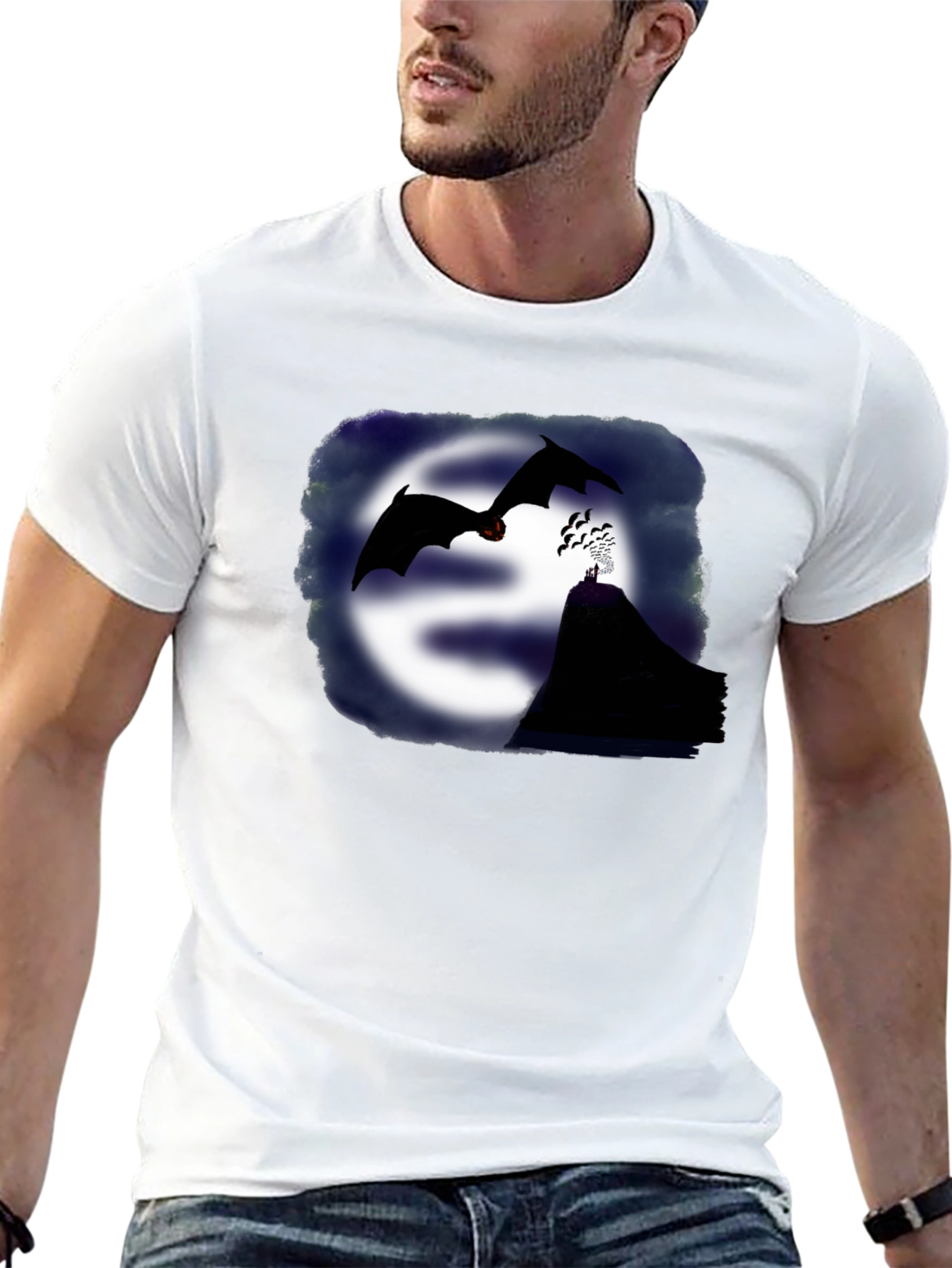 Camiseta Negra con Diseño de Murciélagos y Montaña