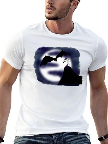 Camiseta Negra con Diseño de Murciélagos y Montaña