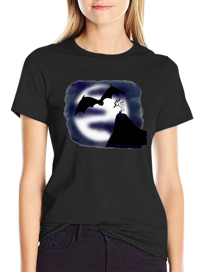 Camiseta Negra con Diseño de Murciélagos y Montaña