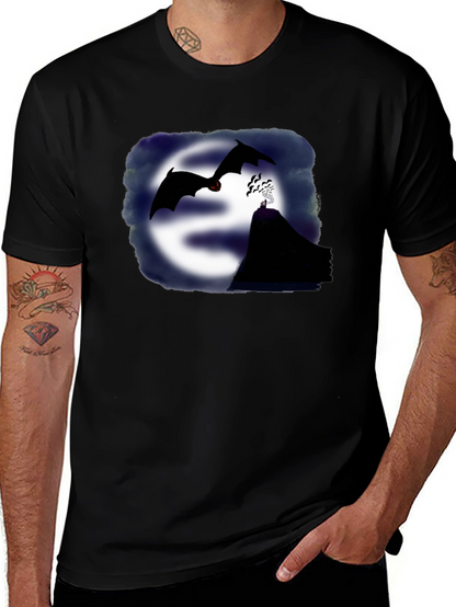 Camiseta Negra con Diseño de Murciélagos y Montaña