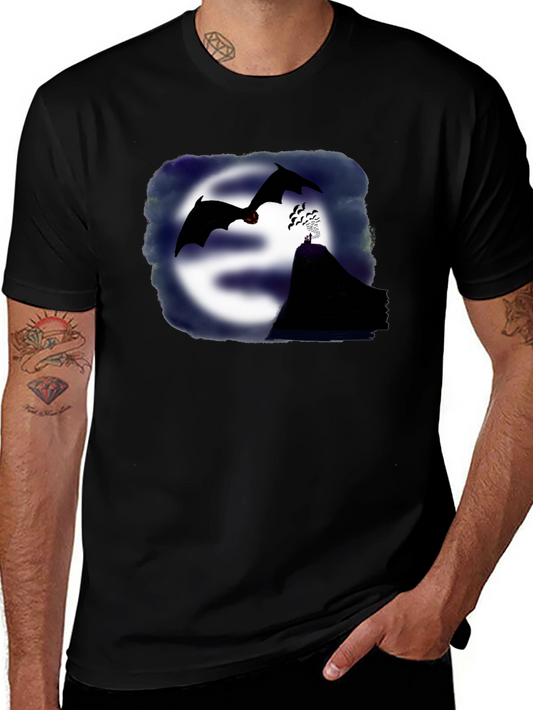 Camiseta Negra con Diseño de Murciélagos y Montaña