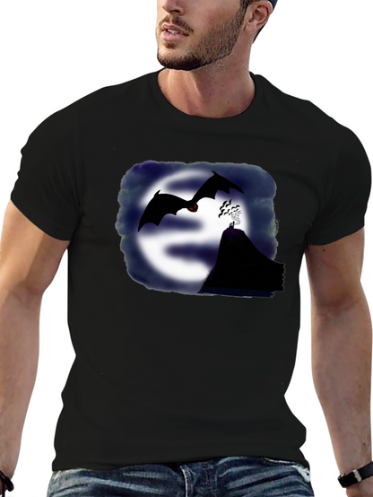 Camiseta Negra con Diseño de Murciélagos y Montaña