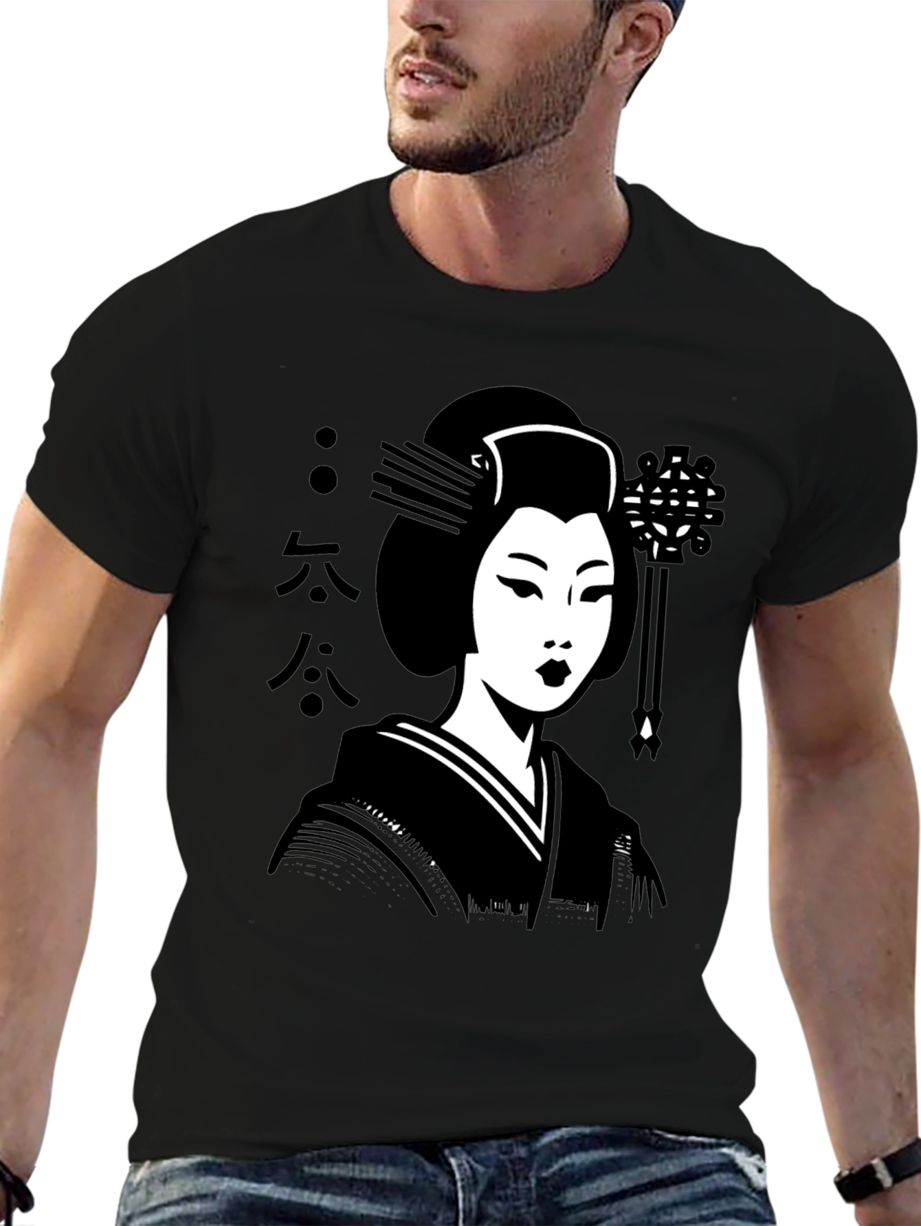 Camiseta Negra con Diseño de Geisha Japonesa