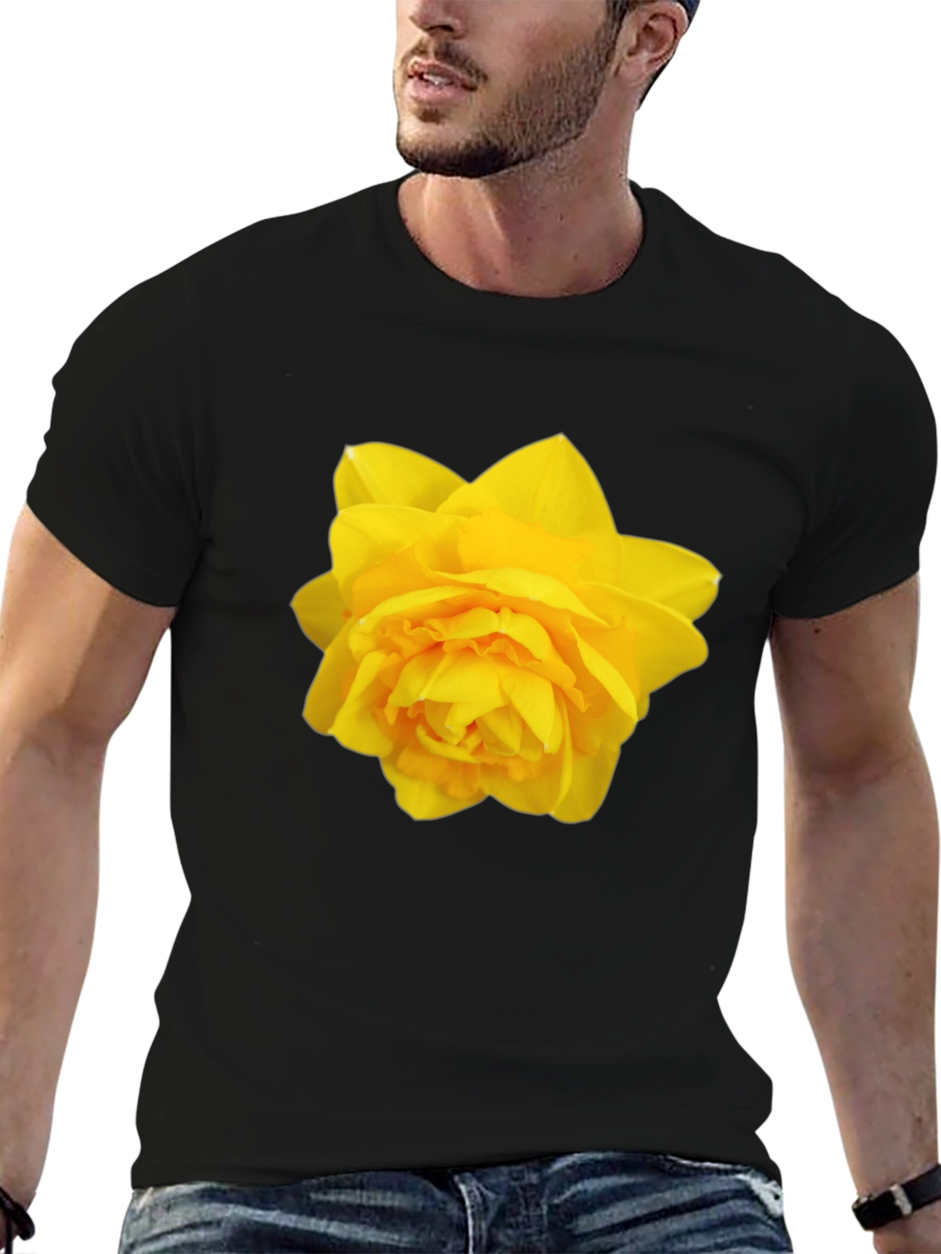 Camiseta Negra con Diseño Floral Amarillo