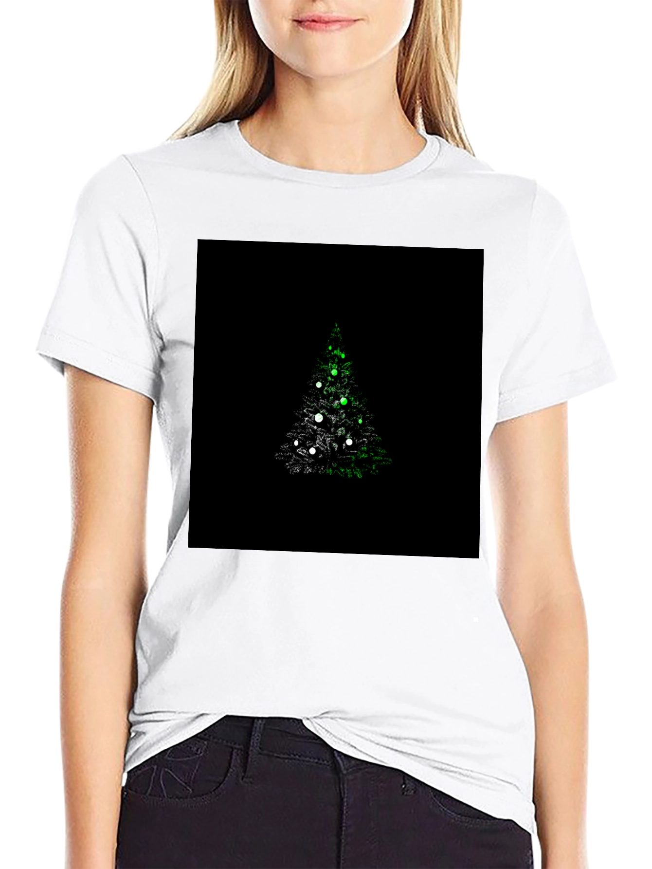 Camiseta Negra con Diseño de Árbol de Navidad Iluminado
