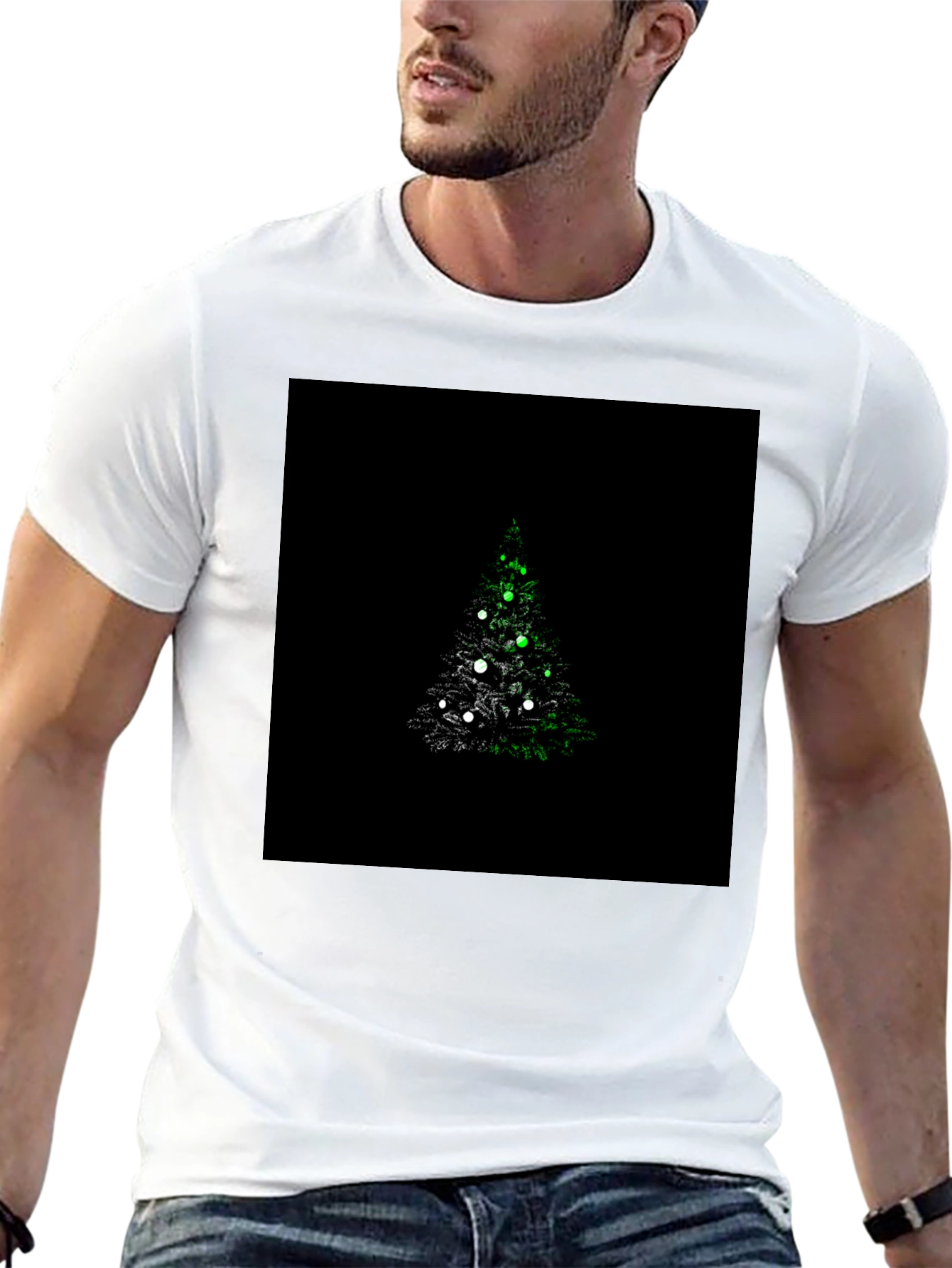 Camiseta Negra con Diseño de Árbol de Navidad Iluminado