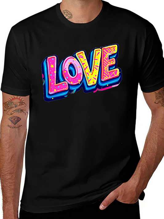 Camiseta Negra con Diseño LOVE Retro y Colorido