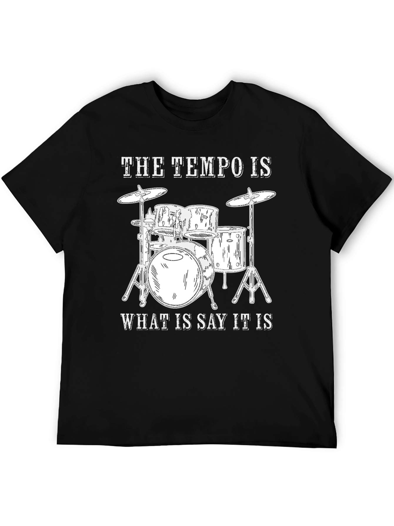 Camiseta Negra con Diseño de Batería y Frase Musical