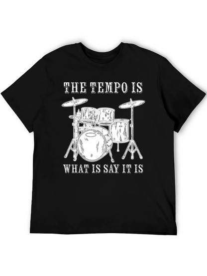 Camiseta Negra con Diseño de Batería y Frase Musical