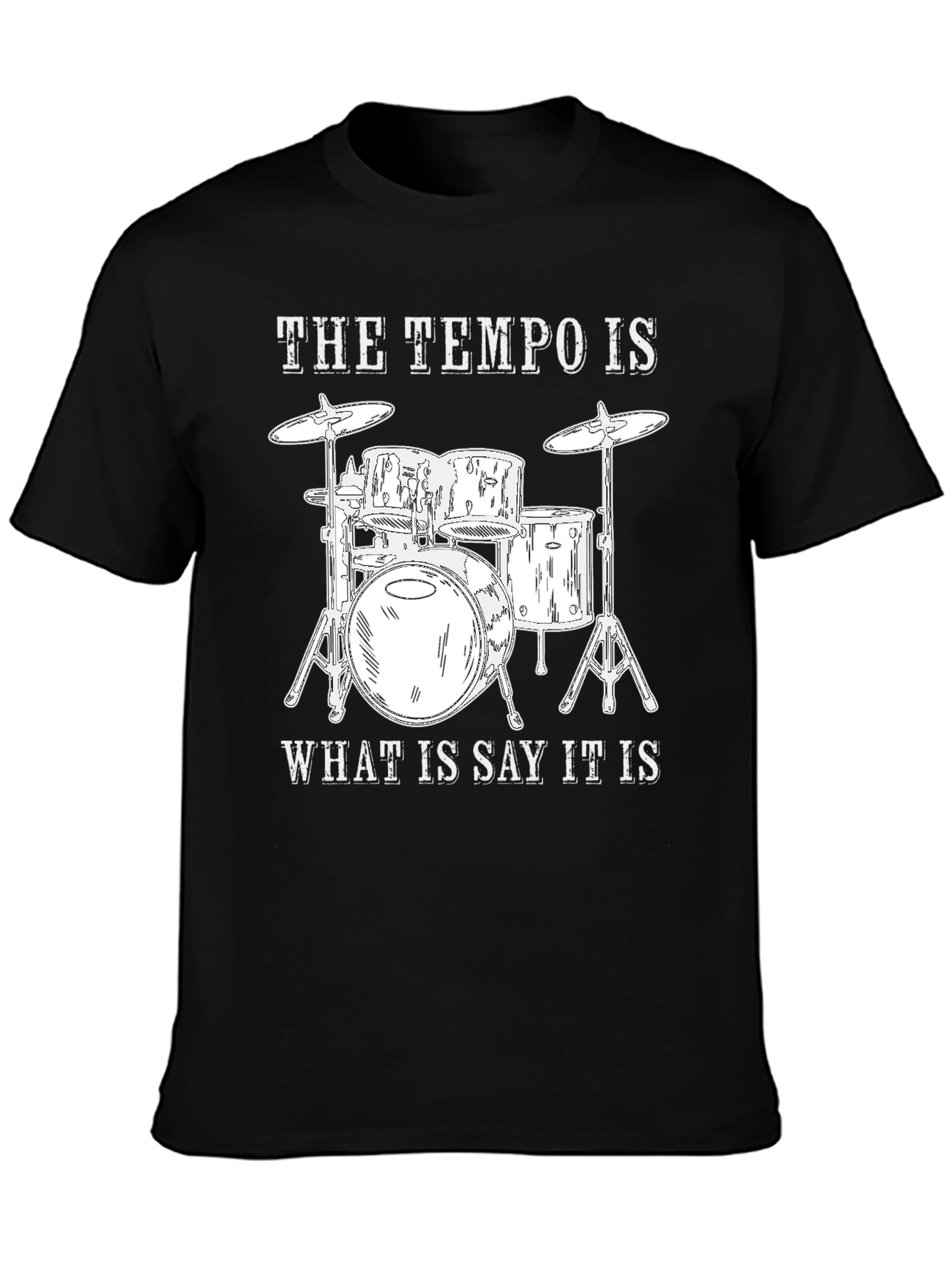Camiseta Negra con Diseño de Batería y Frase Musical