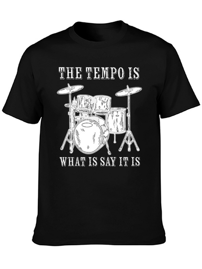 Camiseta Negra con Diseño de Batería y Frase Musical