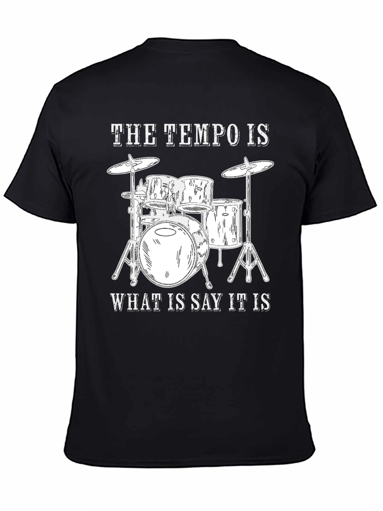 Camiseta Negra con Diseño de Batería y Frase Musical