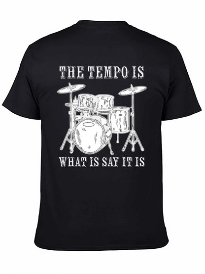 Camiseta Negra con Diseño de Batería y Frase Musical