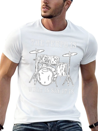 Camiseta Negra con Diseño de Batería y Frase Musical