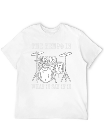 Camiseta Negra con Diseño de Batería y Frase Musical