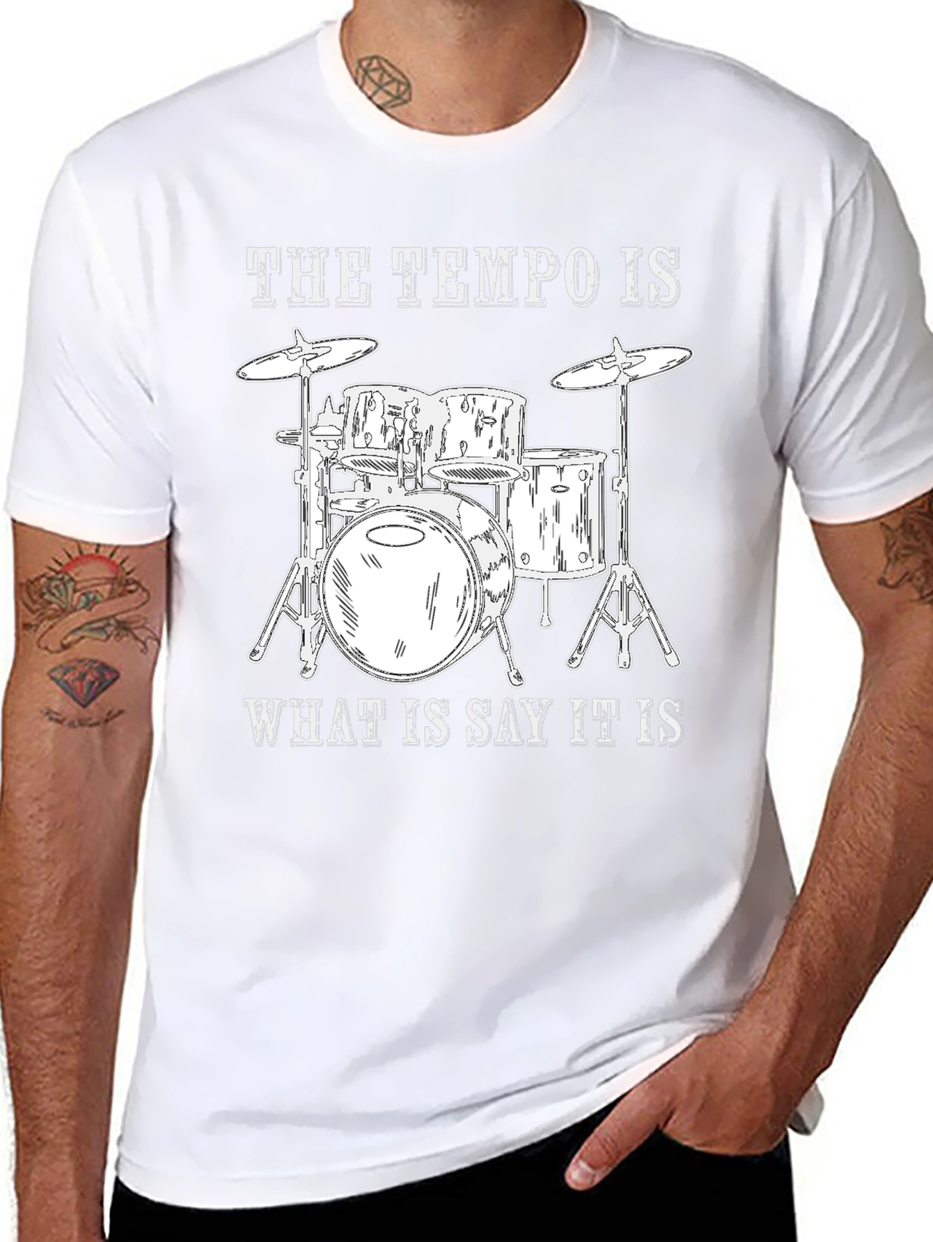 Camiseta Negra con Diseño de Batería y Frase Musical