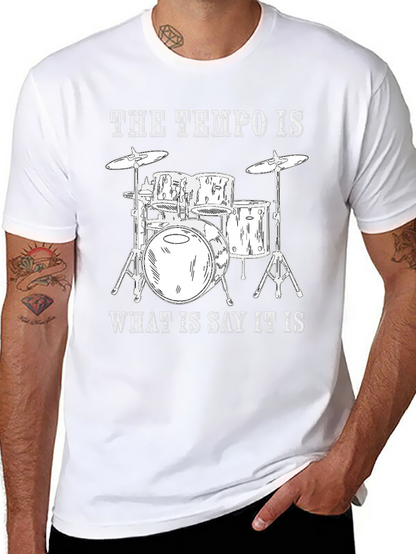 Camiseta Negra con Diseño de Batería y Frase Musical