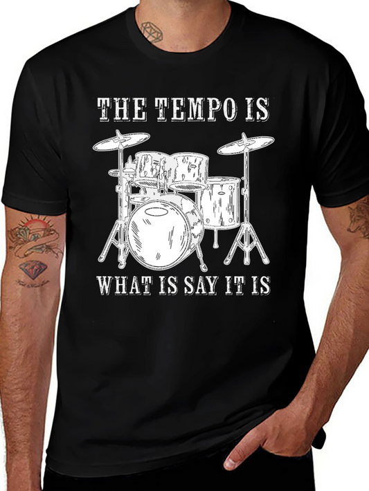 Camiseta Negra con Diseño de Batería y Frase Musical