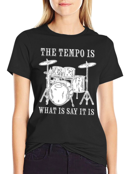 Camiseta Negra con Diseño de Batería y Frase Musical