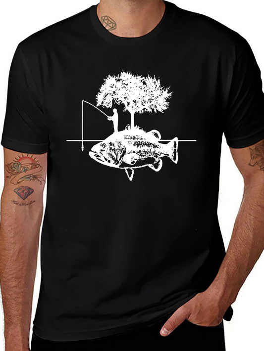 Camiseta Negra con Diseño de Pesca y Árbol
