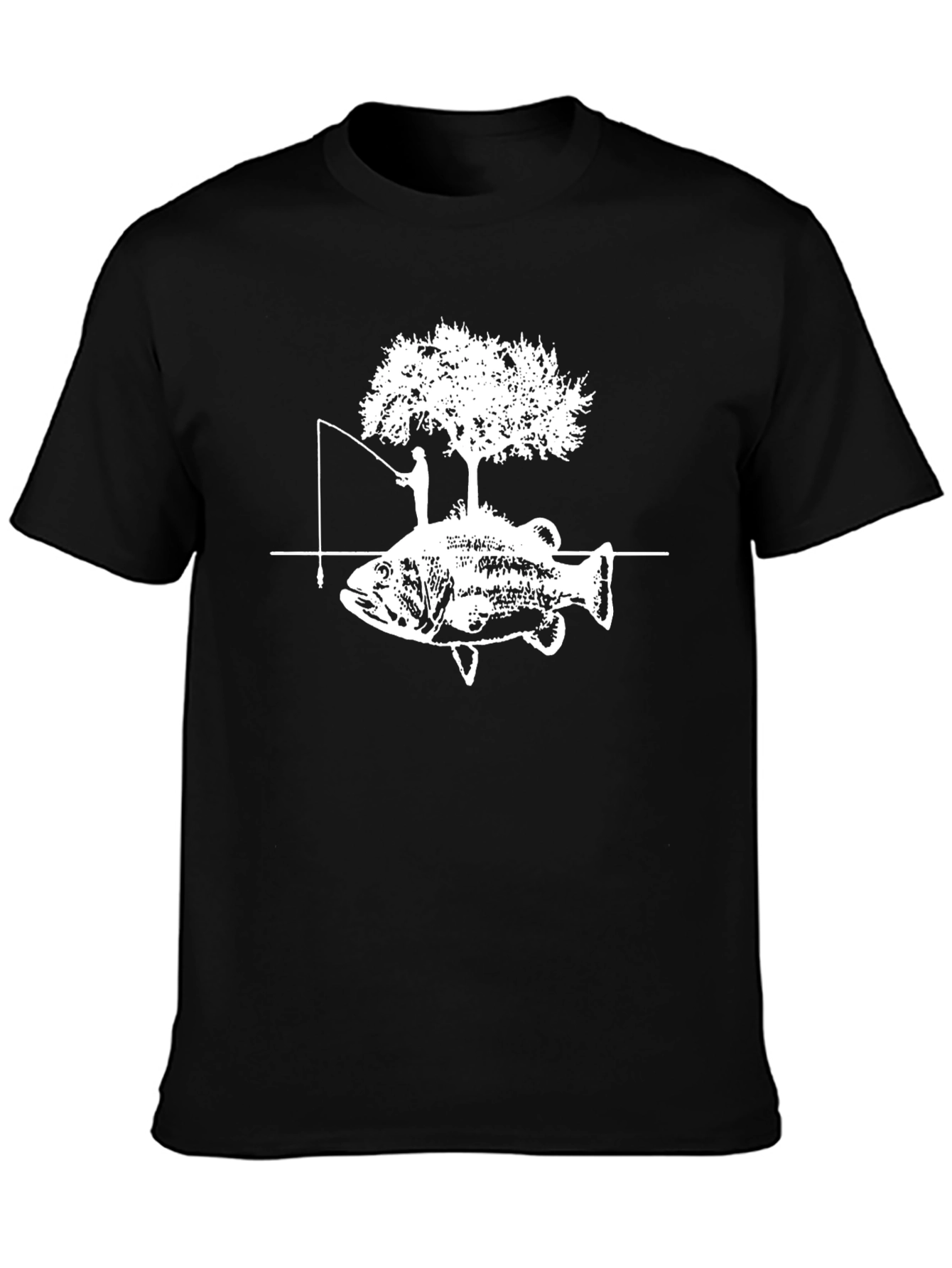 Camiseta Negra con Diseño de Pesca y Árbol
