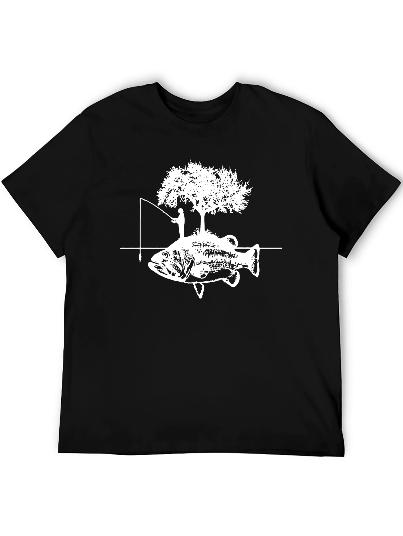 Camiseta Negra con Diseño de Pesca y Árbol