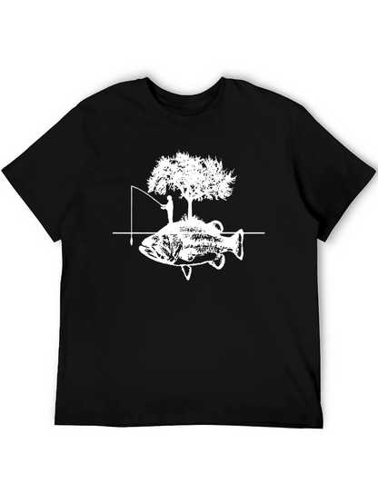 Camiseta Negra con Diseño de Pesca y Árbol