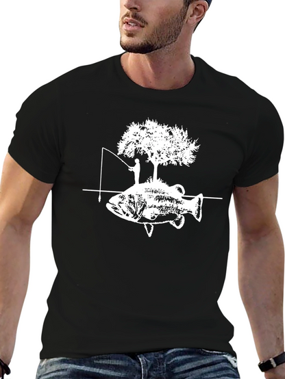 Camiseta Negra con Diseño de Pesca y Árbol