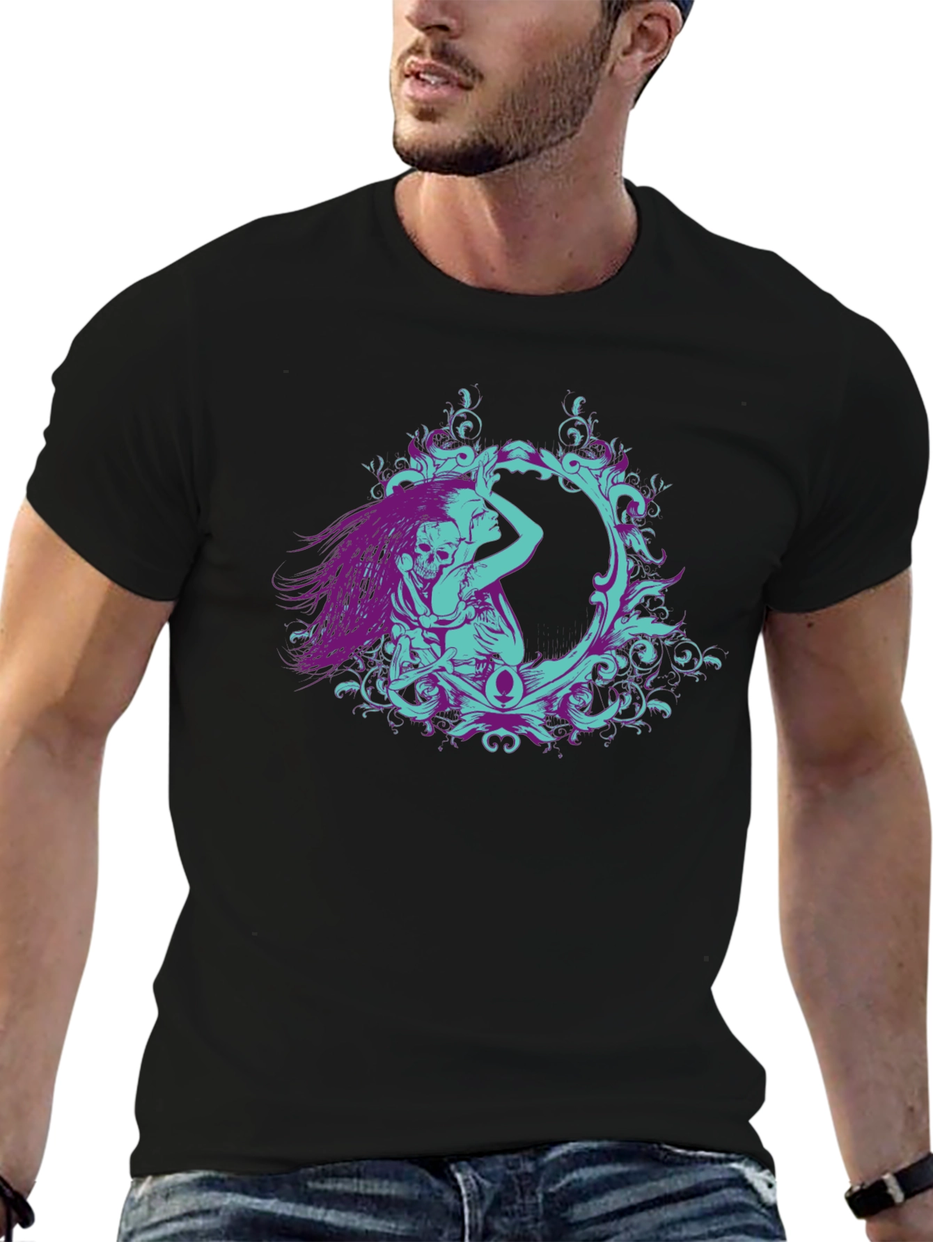 Camiseta Negra con Diseño Artístico de Esqueleto y Mujer