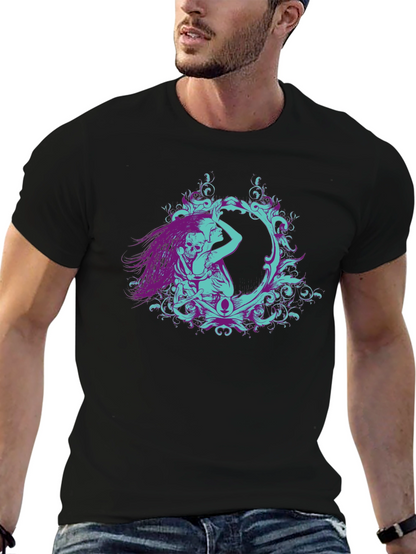 Camiseta Negra con Diseño Artístico de Esqueleto y Mujer