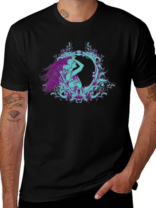 Camiseta Negra con Diseño Artístico de Esqueleto y Mujer