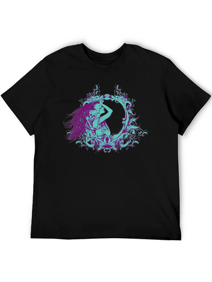 Camiseta Negra con Diseño Artístico de Esqueleto y Mujer