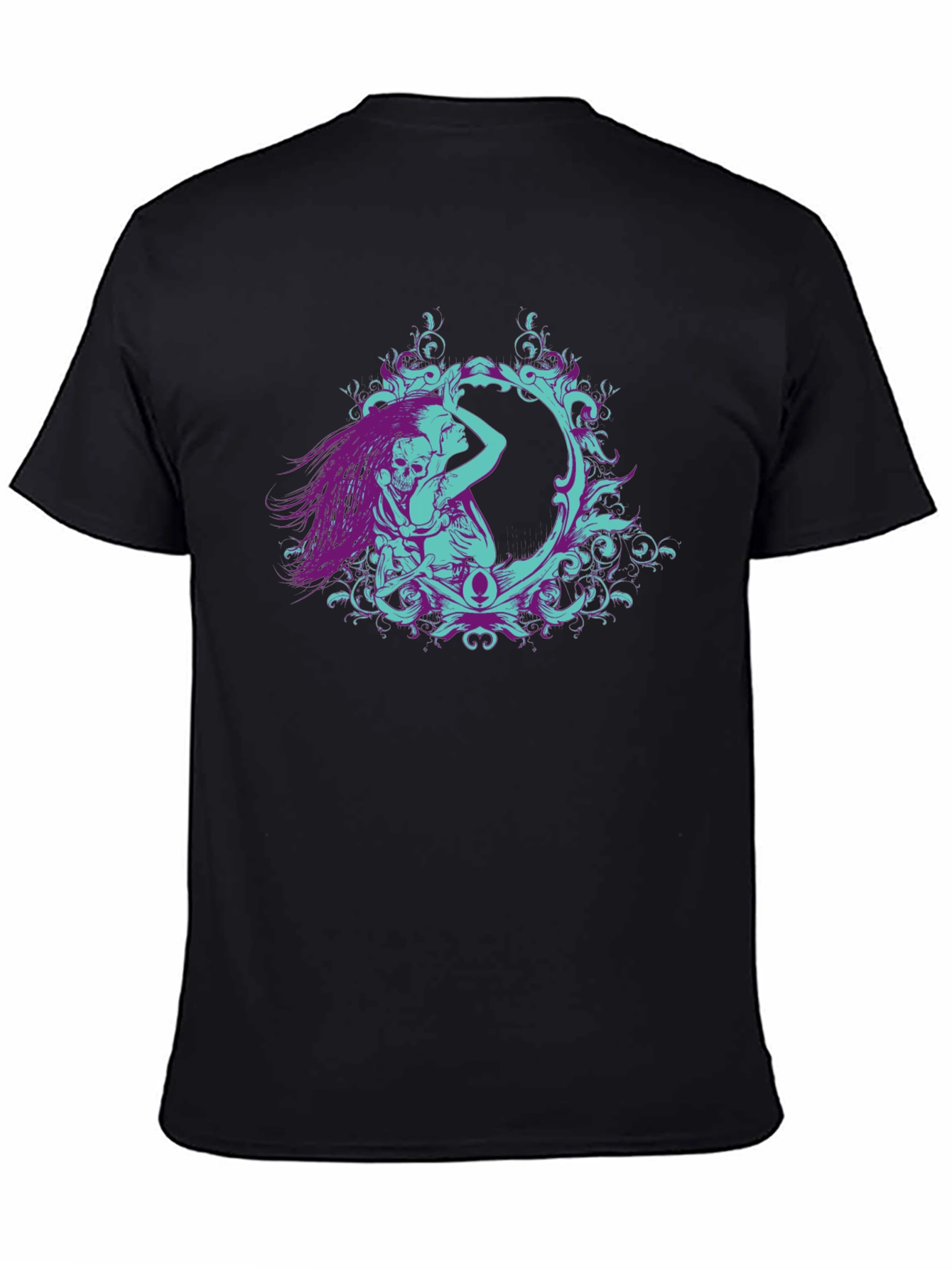 Camiseta Negra con Diseño Artístico de Esqueleto y Mujer