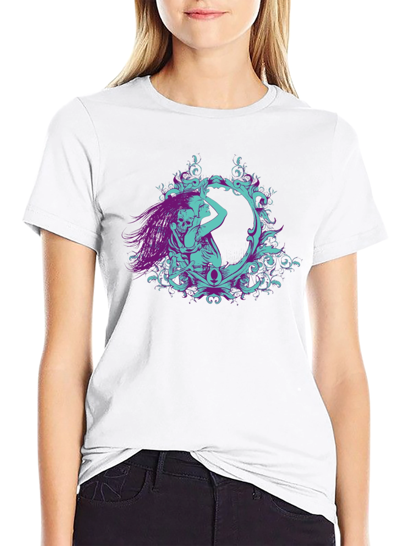 Camiseta Negra con Diseño Artístico de Esqueleto y Mujer