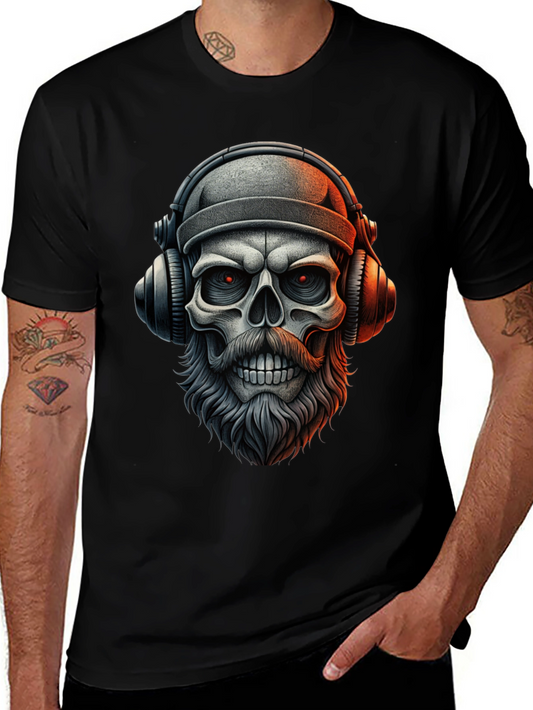 Camiseta Negra con Calavera Barbuda y Audífonos