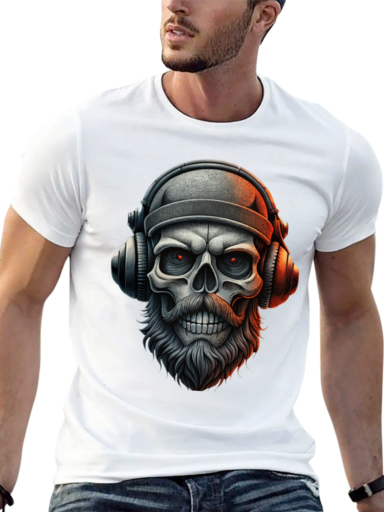 Camiseta Negra con Calavera Barbuda y Audífonos