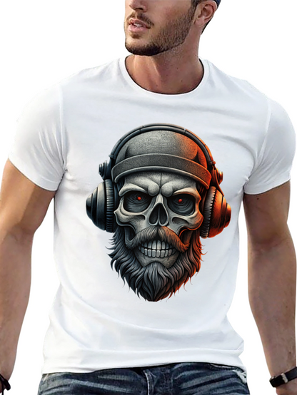 Camiseta Negra con Calavera Barbuda y Audífonos