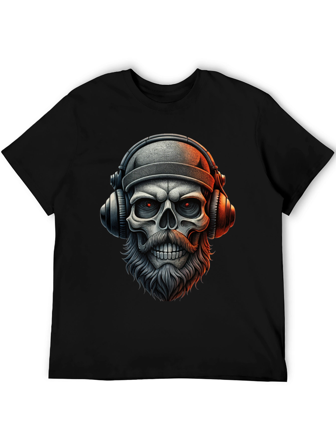 Camiseta Negra con Calavera Barbuda y Audífonos
