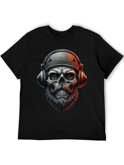 Camiseta Negra con Calavera Barbuda y Audífonos