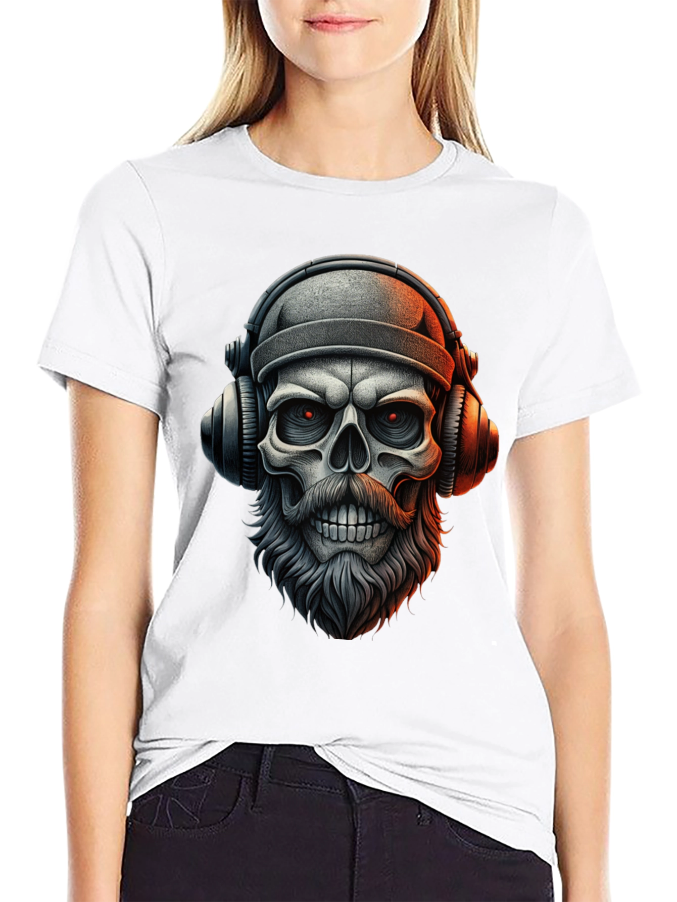 Camiseta Negra con Calavera Barbuda y Audífonos