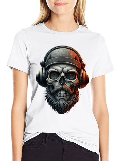 Camiseta Negra con Calavera Barbuda y Audífonos
