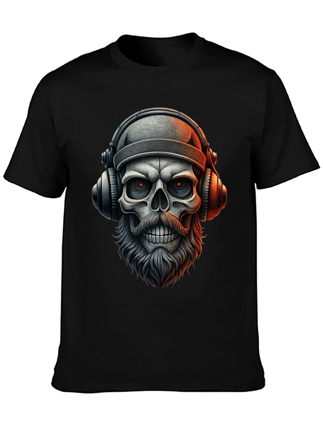 Camiseta Negra con Calavera Barbuda y Audífonos