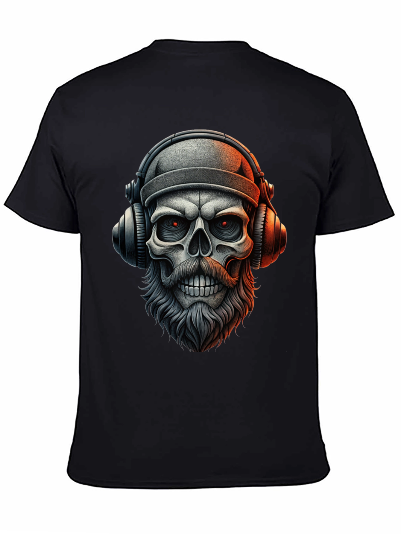 Camiseta Negra con Calavera Barbuda y Audífonos
