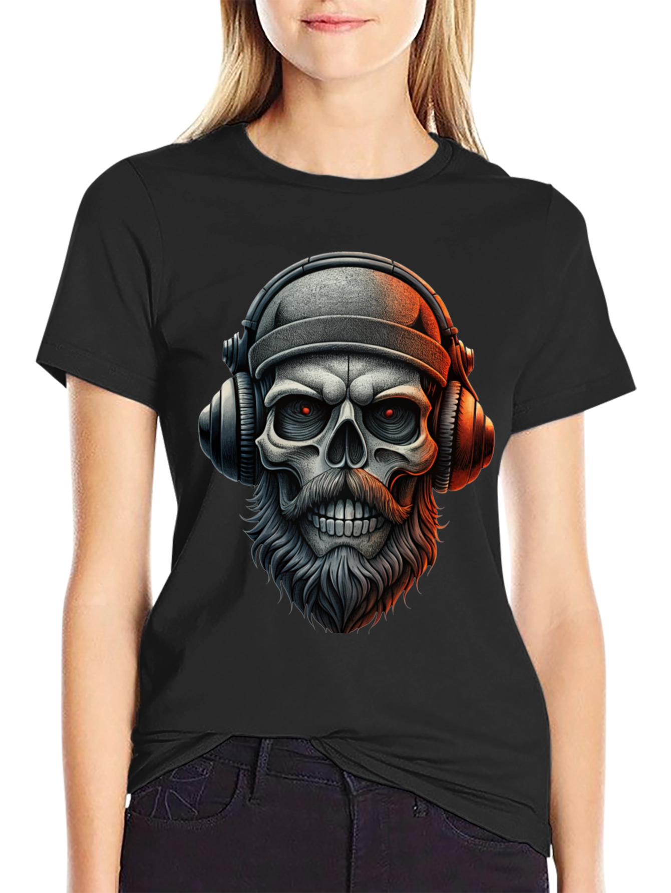Camiseta Negra con Calavera Barbuda y Audífonos