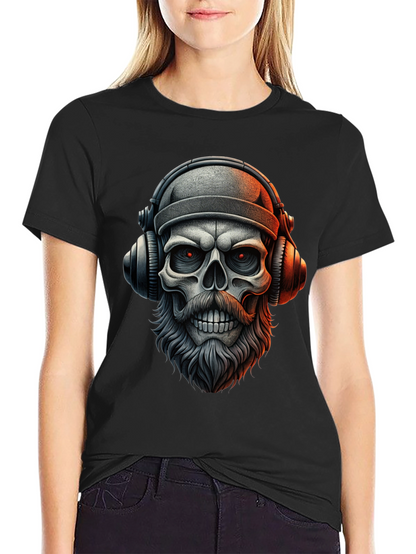 Camiseta Negra con Calavera Barbuda y Audífonos