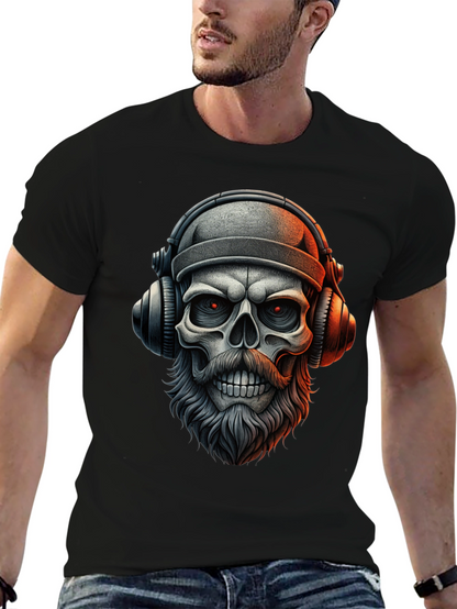 Camiseta Negra con Calavera Barbuda y Audífonos
